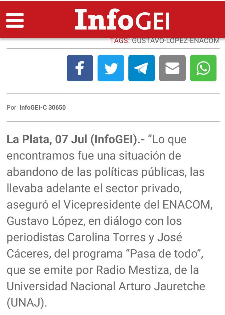 La Nota De Mestiza Radio A Gustavo López, Replicada En El Portal De Noticias Bonaerenses INFOGEI